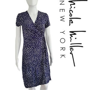Nicole Miller | Ladies' Faux Wrap Dress | Blue Dots | NWT